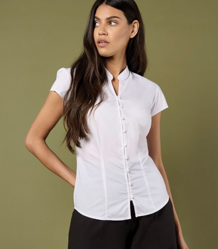 Tailored Fit Cap Sleeve Mandarin Collar Blouse Thumbnail